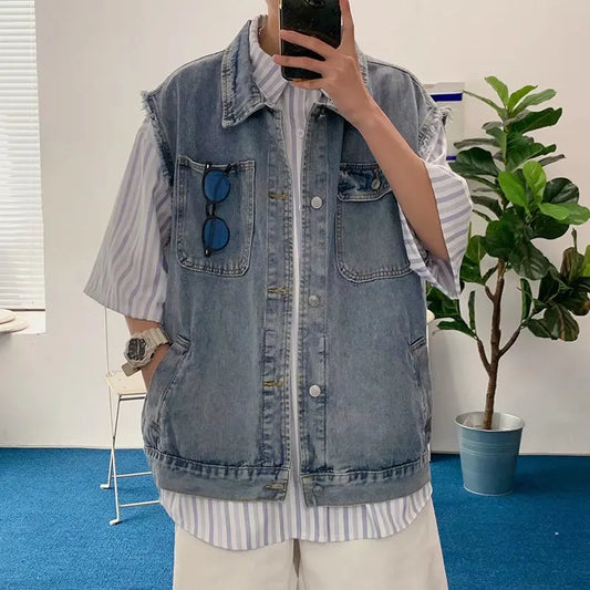 saferido Denim Sleeveless Jacket Men Fashion Oversized Harajuku Denim Jeans Casual Jeans Waistcoat Cowboy Hip Hop Streetwear Clothing