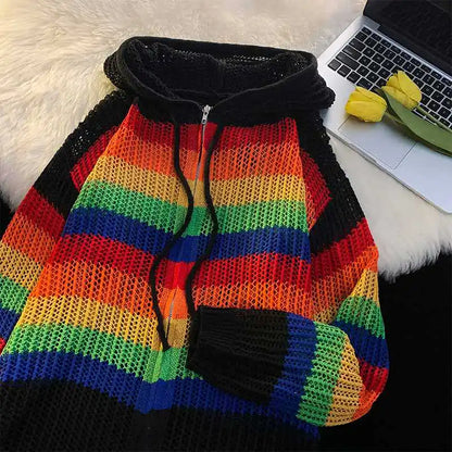 saferido Spring Autumn New Men Rainbow Striped Cardigan Coat Men's Loose Knit Hooded Jackets Male Casual Sweater Outerwear S817