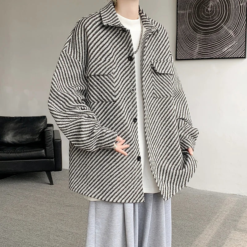 saferido Winter Short Woolen Coat Men Warm Fashion Retro Thickened Woolen Jacket Men Korean Loose Stripe Woolen Coat Mens Thick Jackets