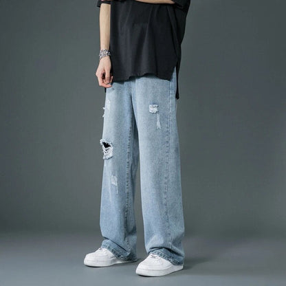 Spring and Summer New Style Is Thin Ripped Jeans Korean Street Fashion Loose Denim Trousers Baggy Blue Casual Pants