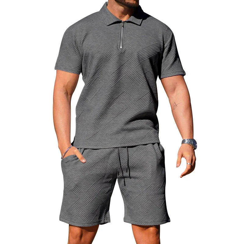 saferido  Spring/Summer New Men's Casual Short Sleeve Polo Neck T-shirt Texture Shorts POLO Shirt Two Piece Set