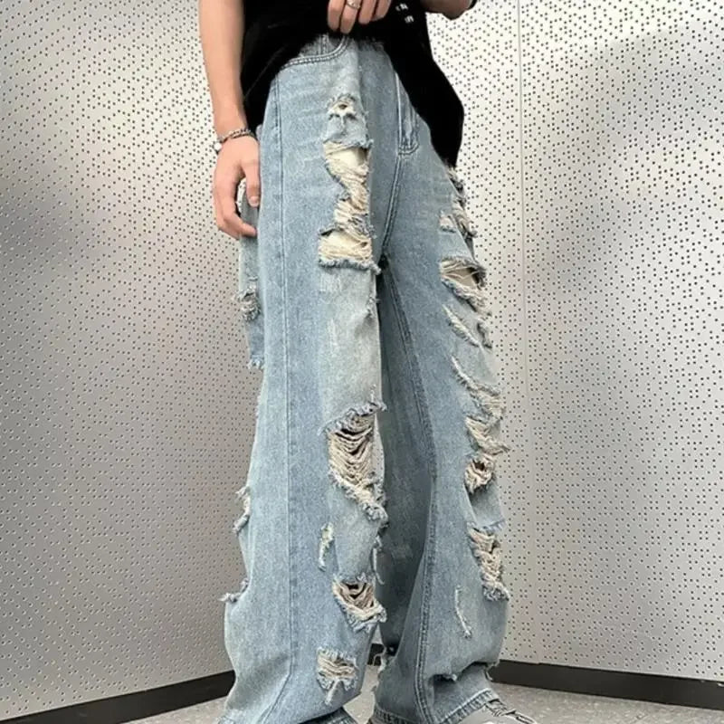 saferido Vintage Distressed Straight-leg Jeans American Style Slimming Bell Bottoms Loose Fit High-waisted Summer Thin Version For Men