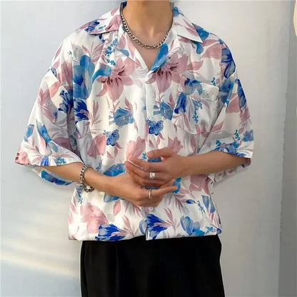 Hawaiian Shirts Men Advanced Breathable Trendy Summer Half Sleeve Floral High Street Pocket Korean Style Male Hipster Handsome