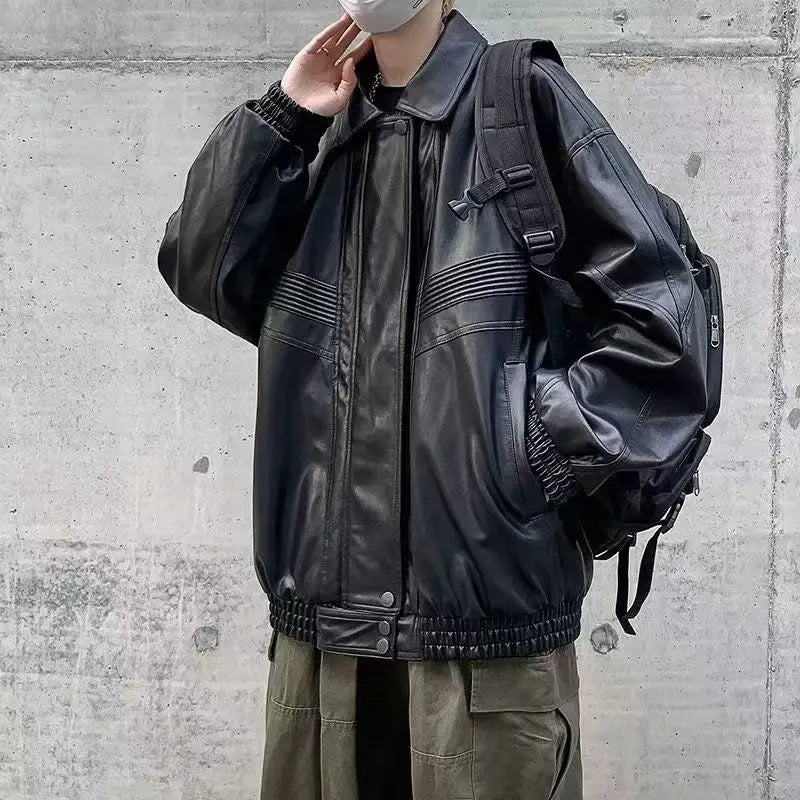 saferido Oversized VIntage Men's Leather Jackets PU Biker Coat Autumn Faux Leather Bomber Jacket 90s Big Pockets Windbreaker Overcoat