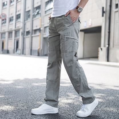 Big Size Men's Cargo Trousers Straight Leg Work Pant Men Loose Fit Cotton Summer Wide Overalls Male Side Multi Pocket large size