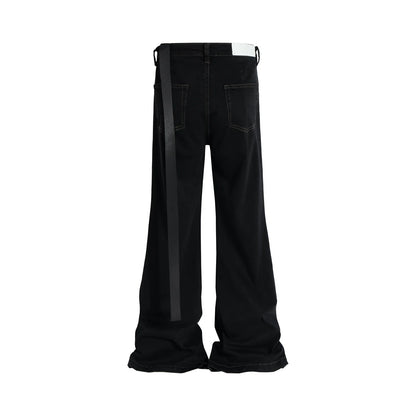 RO Style Ribbons slightly Stretch Baggy Flared Jeans for Men High Street Black Color Boom Cut Oversized Casual Denim Trousers