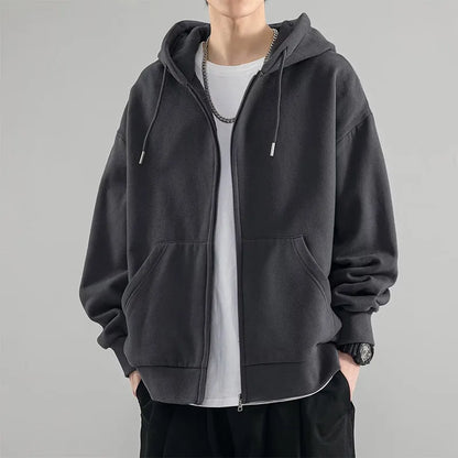 New Men's Jacket Sweatshirt  Autumn Casual Solid Zipper Pocket Hoodie Loose All-match Trend Tracksuit Cardigan Oversize Top