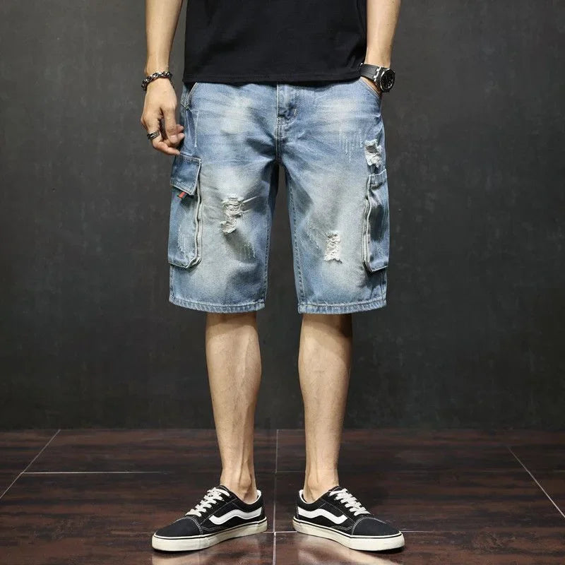 saferido Man Denim Shorts Knee Length Long Ripped Half Short Jeans Pants for Men Cargo Wide Retro Trend 2024 Blue Fitted Summer Harajuku