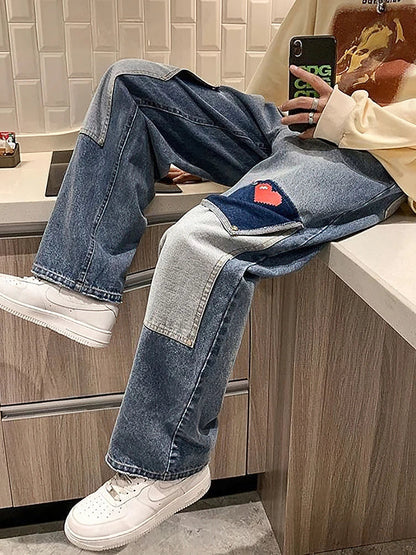 saferido Harajuku Wide Leg Baggy Jeans Pants Men Love Heart Oversize Straight Denim Buttton Cargo Long Trousers Streetwear Student New