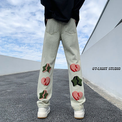 Embroidered Cute Graphic Ins Men Jeans Streetwear Loose Straight Hip Hop Male Denim Pants American Style Unisex Trousers