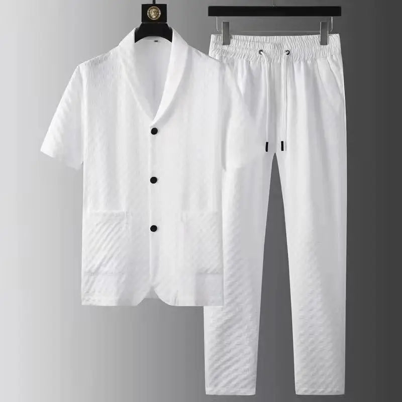 Fashion Men's Two Piece Sets Spring Summer Casual Short Sleeve Shirts Pants Suit Solid Geometry Pattern Printed Outfit Men