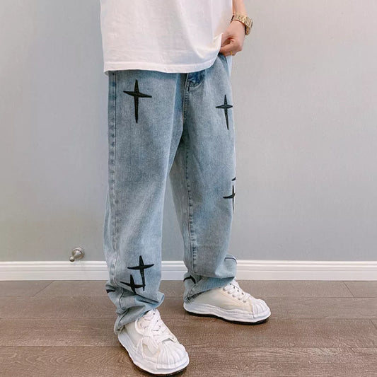 saferido New Embroidered Jeans Men Straight Loose Wide-leg Pants Spring and Autumn Korean Fashion High Street Hip Hop Style Male Trousers