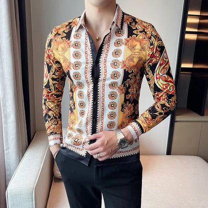 saferido Luxury Paisley Gold Printed Shirt Men's Royal Club Clothing Korean Men's Long Sleeve Slim Long Sleeve Shirt Tuxedo Shirt