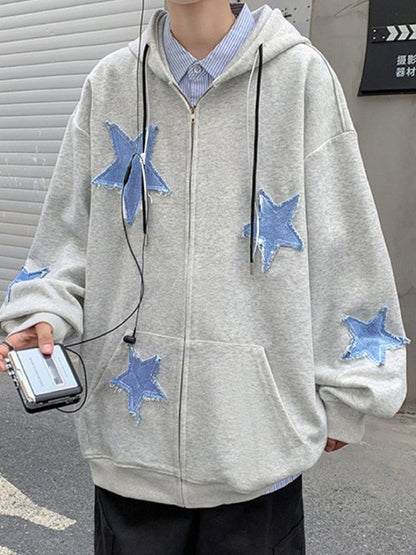 Fashion Y2k Mens Jacket Coat Harajuku Star Patch Zipper Oversized Hoodies Streetwear Hip Hop Gothic Loose Pocket Man Sweatshirts