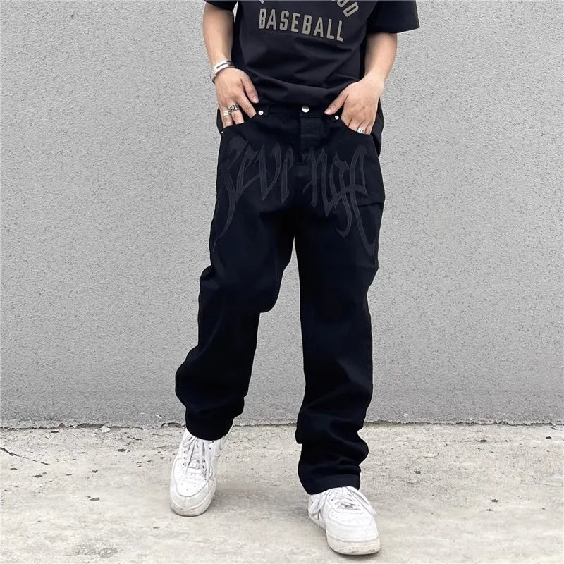 saferido Dark Black American Embroidery Fashion Brand Pants High Street Design Sense Embroidery Letter Loose Straight Leg Jeans for Men