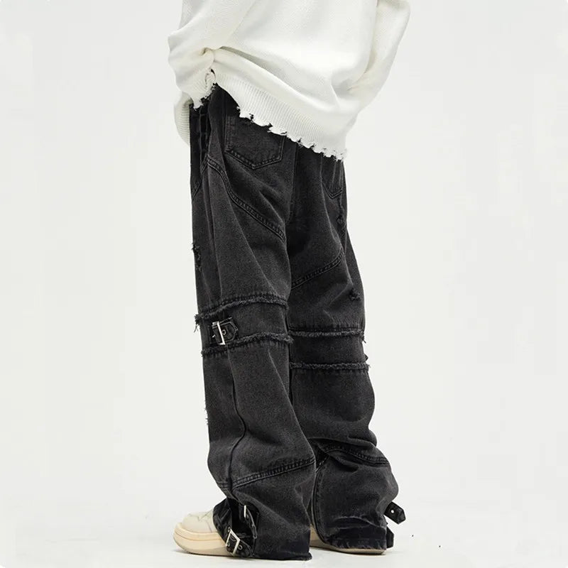 Y2K Streetwear Black Baggy Ripped Stacked Jeans Cargo Pants For Men Clothing Straight Denim Trousers Pantalon Homme