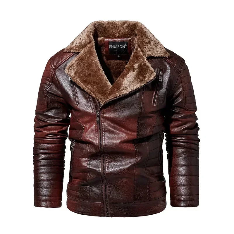 Fashion Warm Winter Men's Leather Jacket with Fur Collar Thicken Fleece Motorcycle Coat Casual Faux Leather Locomotive Jacket