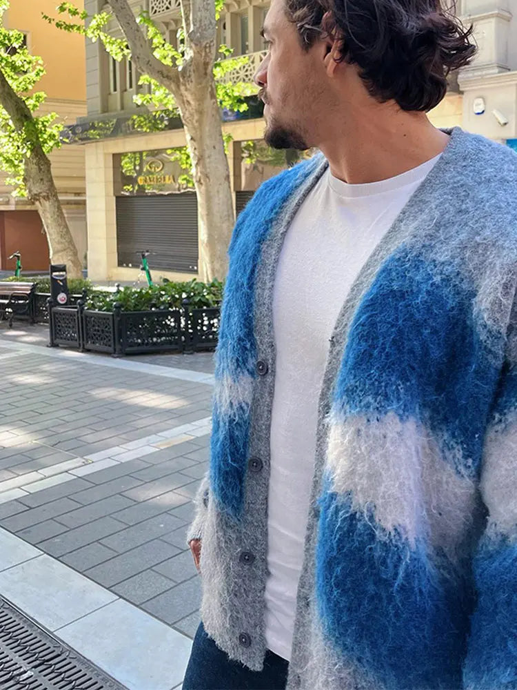 Fashion Tie Dye Cashmere Sweater Cardigan Man Long Sleeve Single Breasted Knitted Jacket Autumn Thicken Warm Woolen Coat