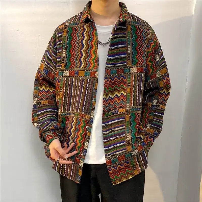 Retro Print Jackets Men Harajuku Cozy Autumn Long Sleeved Outwear Holiday Popular Korean Style Unisex Loose Males Clothes Street