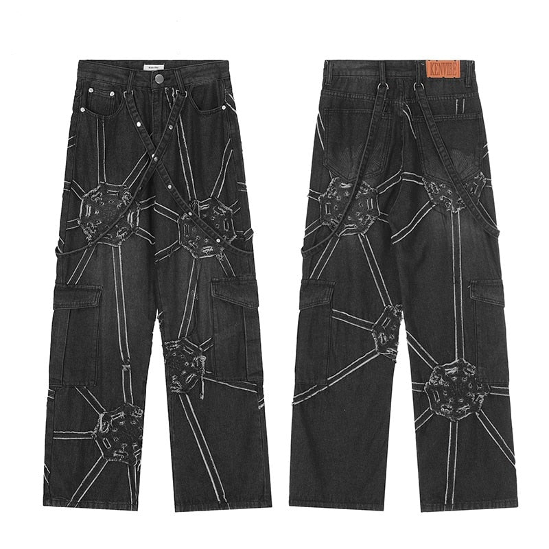 Harajuku retro tooling function black loose jeans men's 2K street clothing goth punk oversized straight pants women's wide legs