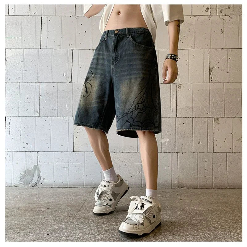 saferido Y2K Women Streetwear Breeches Spider Cobweb Korean Harajuku Denim Hip Hop Short Pants Grunge Bermudas Jeans Shorts Men Clothes