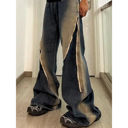 saferido American retro high street washed straight leg jeans for men and women autumn personalized zipper design loose casual pants y2k