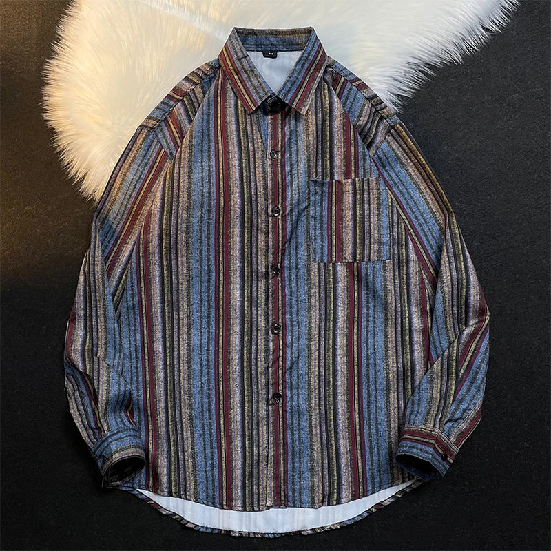 Fashion Design Striped Shirts for Men Long Sleeve Spring New American Retro Lapel Buttons Loose Casual Hawaiian Shirt Jacket