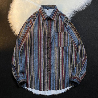 Fashion Design Striped Shirts for Men Long Sleeve Spring New American Retro Lapel Buttons Loose Casual Hawaiian Shirt Jacket