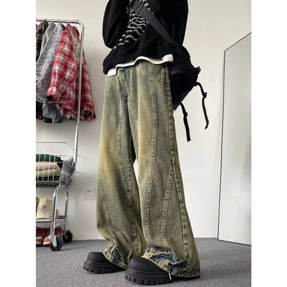 saferido Autumn New Jeans Men Wide Leg Jeans Male Vintage Loose Denim Pants Harajuku Yellow mud Mopping Trousers Streetwear Clothes