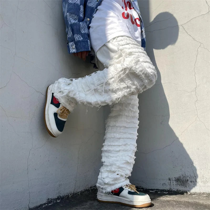 saferido American Street Hip-hop Heavy Industry Ripped Men's Jeans Spring  Straight Loose Vibe Style Skateboard White Flared Pants