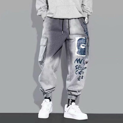 New Letter Print Jeans Men's Tide Loose Cartoon Graffiti Skinny Pants Ins Drawstring Pants Jogger Cargo Pants