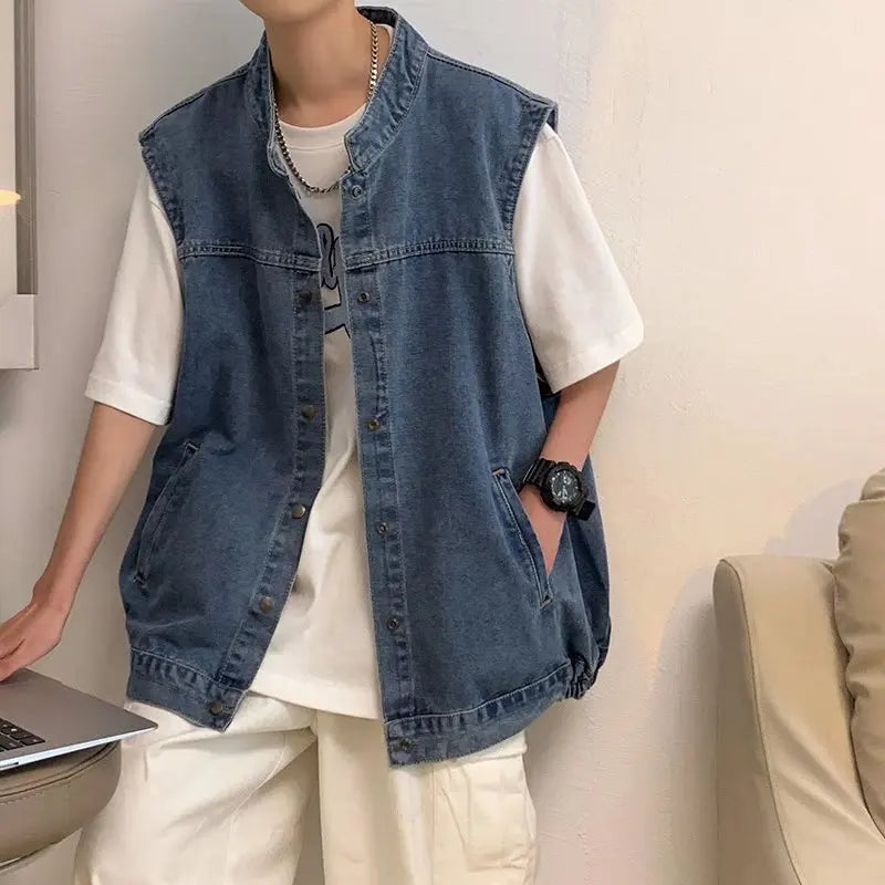 saferido Denim Sleeveless Jacket Men Fashion Oversized Harajuku Denim Jeans Casual Jeans Waistcoat Cowboy Hip Hop Streetwear Clothing