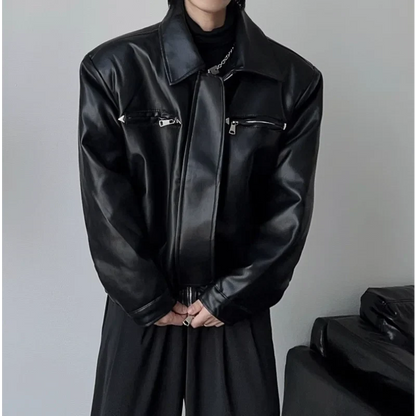 saferido 90s Streetwear Short Black Top Jacket for Spring and Autumn Men's Casual Lapel Thin Motorcycle Leather Jacket