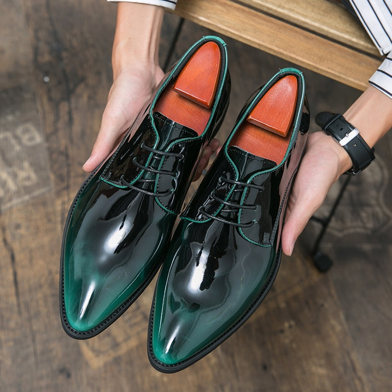 saferido Men Mirror Face Oxfords Shoes Luxury Designer Formal Shoes Patent leather Pointed Shoes Lace-Up Business Dress Green Mocasines