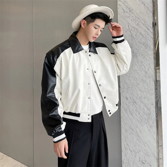 saferido Korean Street Dress Hip Hop Spring Autumn Black White Design Motorcycle Leather Men's Jacket Jacket Short Baseball Coat