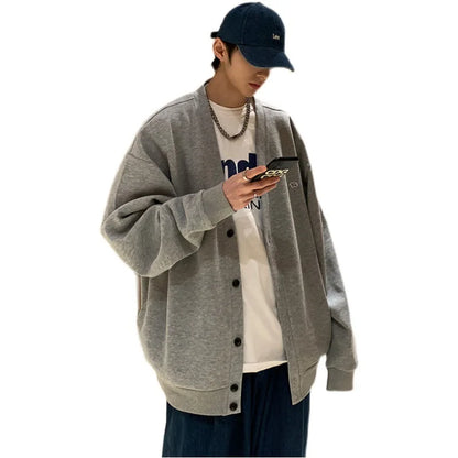 Korean Fashion Ins Cardigan Button Sweatshirts for Men Autumn Japanese Casual Loose V-neck Harajuku Couple Sweatshirt Jacket