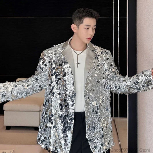 saferido Men's Sequins Blazer Glitters Bling Suit Jacket Singer Stage Shiny Clothing Black Silver Oversize Party Suit Coat Man