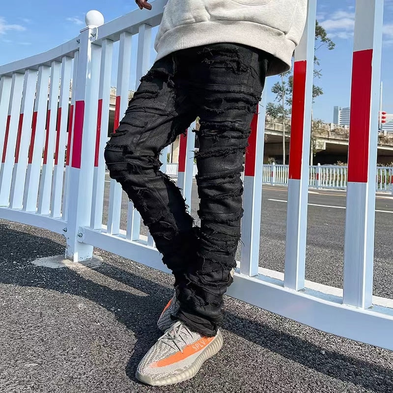 Heavy Industry Hole Frayed Destruction Waxed Jeans Mens High Street Retro Straight Ripped Pencil Pants Oversize Denim Trousers