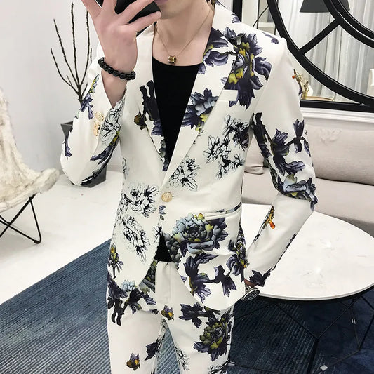 saferido (Jackets+Pants)  Men's Spring Printed Business Blazers/Male Slim Fit Casual Suit of Two Pieces Groom's Wedding Dress S-3XL