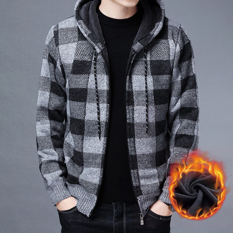 Men Hooded Cardigan Knit Sweater Winter New Fleece Thickened Warm Zipper Loose Plus Wool Jacket Coat Fashion Casual Men Clothing