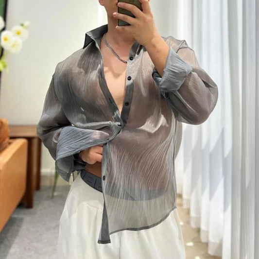 saferido Trendy Fashion Shirt Men's See-through Solid All-match Blouse Spring Summer New Sexy Mesh Long-sleeved Shirts LGBT Streetwear