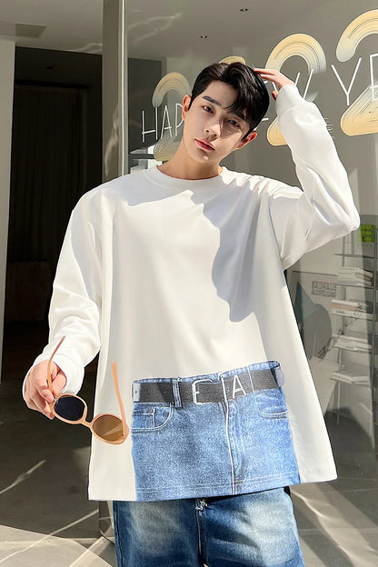 saferido Korean Street fashion Spring Casual Men Personality Jeans Print Long Sleeve T-shirts Sweatshirt Patchwork Loose Sweatshirts