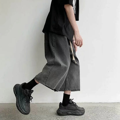 New Summer Men's Denim Shorts Casual Summer Shorts Elastic Waist Wide Leg Shorts Drawstring Baggy Jeans Shorts Male Summer