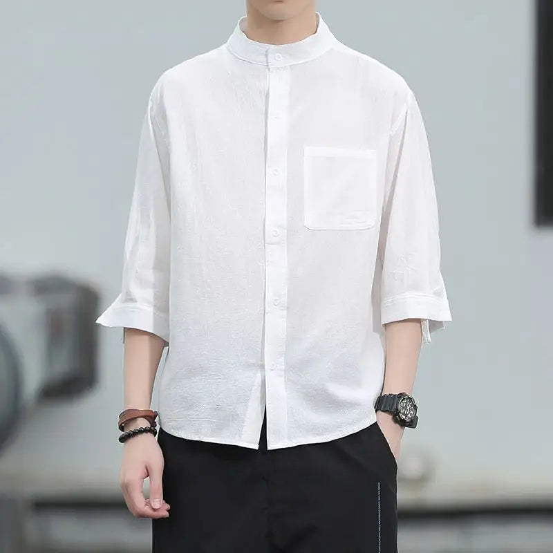 Men's Clothing New Solid Color Spring Summer Thin Fashion Casual Round Neck Loose Simplicity Handsome Button Pockets Shirts