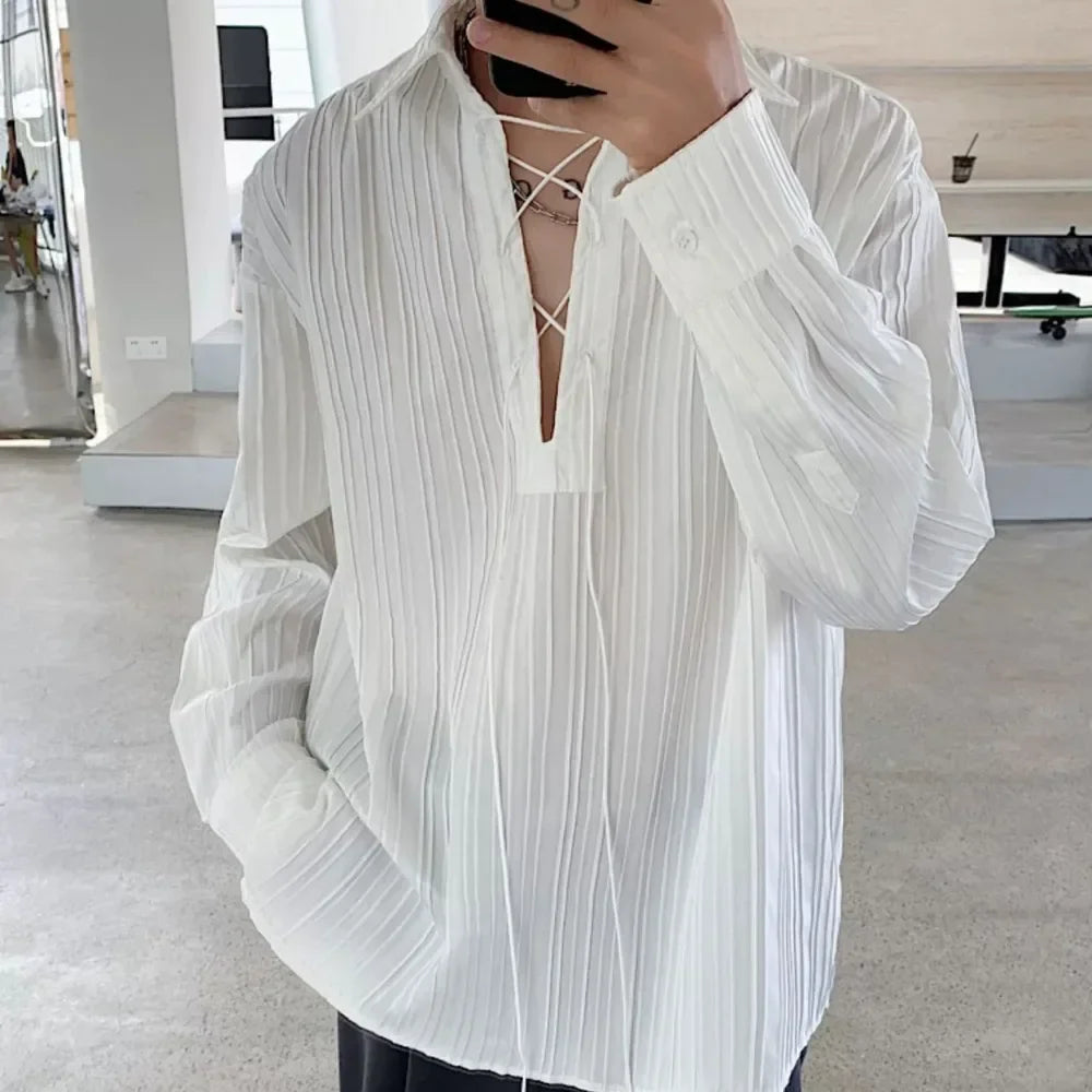 saferido Men Shirts Bandage Turn-down Delicate Commuting Long Sleeve Spring Temperament Tender All-match Simple Korean Style Tops Cozy