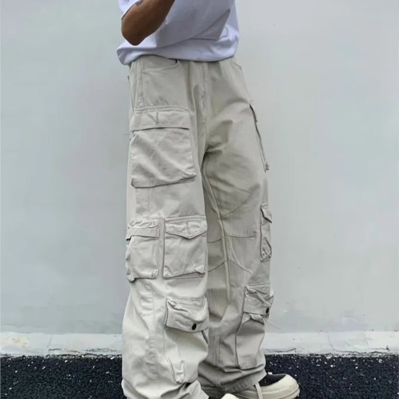 Spring Cargo pants New Popular Rice White Multi-pockets Overalls Harajuku stays Men Loose Casual Trousers Straight Mopping Pants