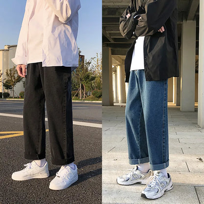 Spring and Autumn Men's Straight Hip Hop Jeans Streetwear Loose Casual Wide Leg Pants Male Brand Trousers Light Blue Black