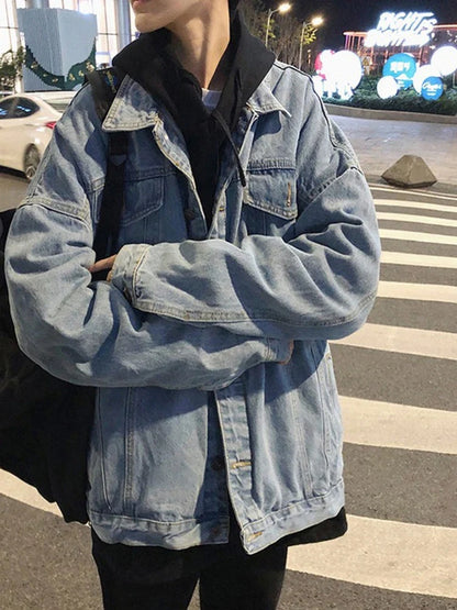 saferido Black Denim Jacket Men's Autumn Handsome High Street Retro Big Pocket Tooling Coat Hong Kong Style Oversize Jeans Top