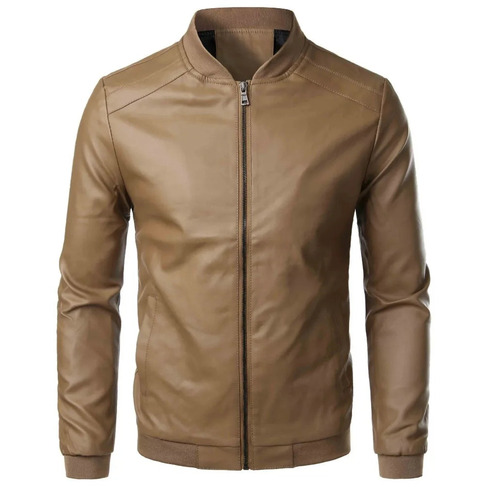 Men's Leather Jacket Fashion Motorcycle Slim Fit PU Leather Stand Collar Jacket