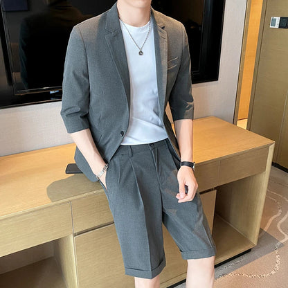 saferido Men Clothing Shorts Jacket Summer Thin High End Suit Men's Korean British Fashion Casual Mens Short Sets Sleeve Blazers M-3XL pants